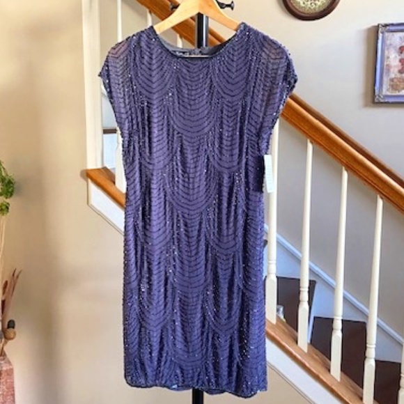 Pisarro Nights NWT Beaded Cap Sleeve Cocktail Dress Slate Purple Lined Size 2 - Picture 1 of 16
